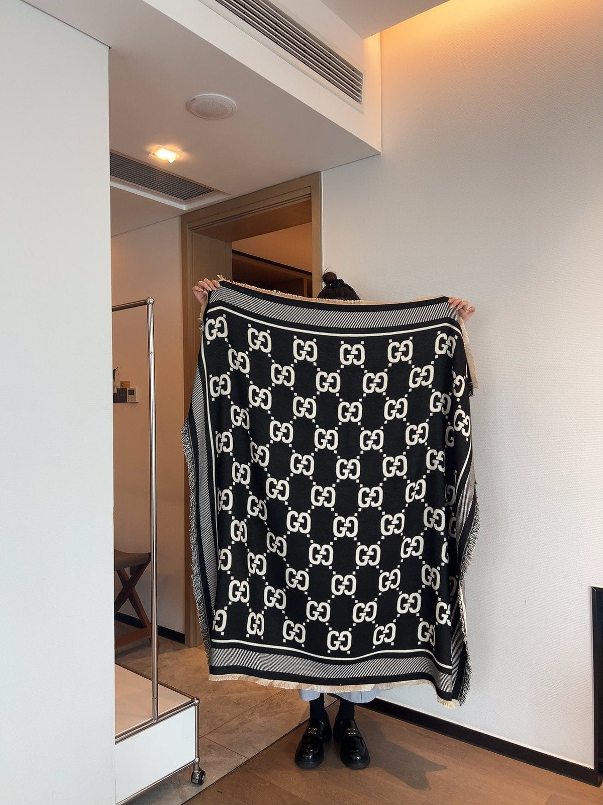 Gucci Black and Ivory Monogram Square Scarf — front