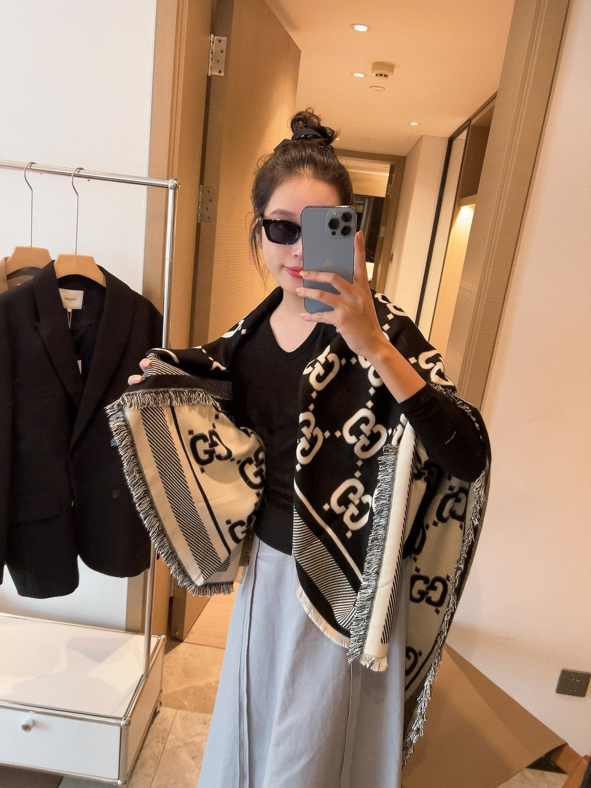 Gucci Black and Ivory Monogram Square Scarf — model