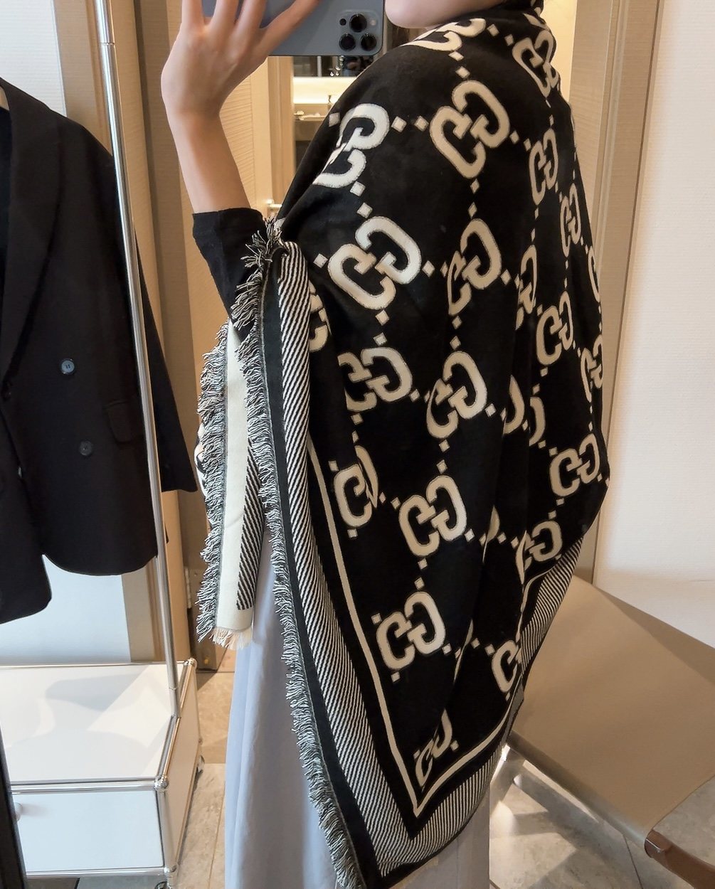 Gucci Black and Ivory Monogram Square Scarf — model
