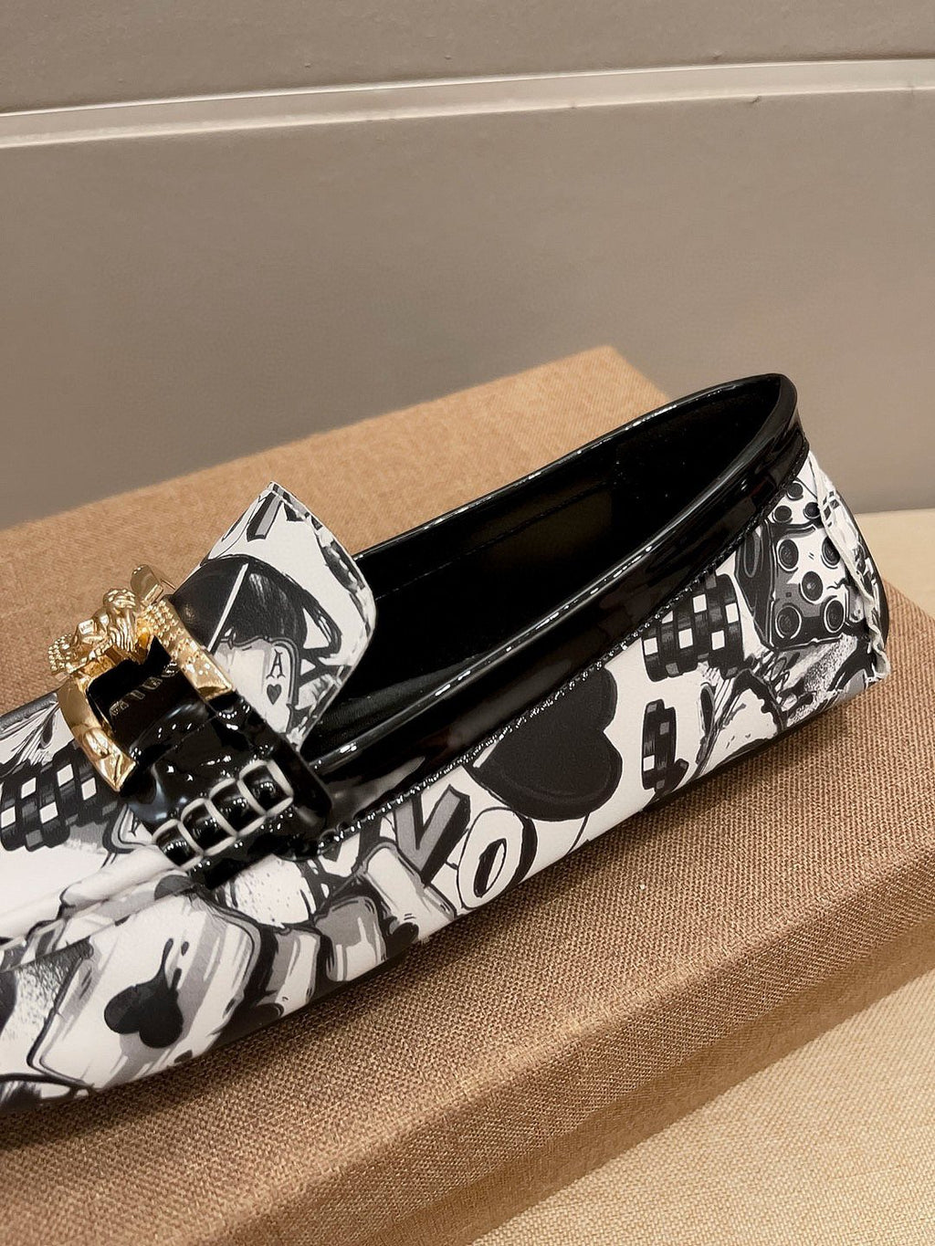 Black & White Graphic Gold-Tone Loafers — detail