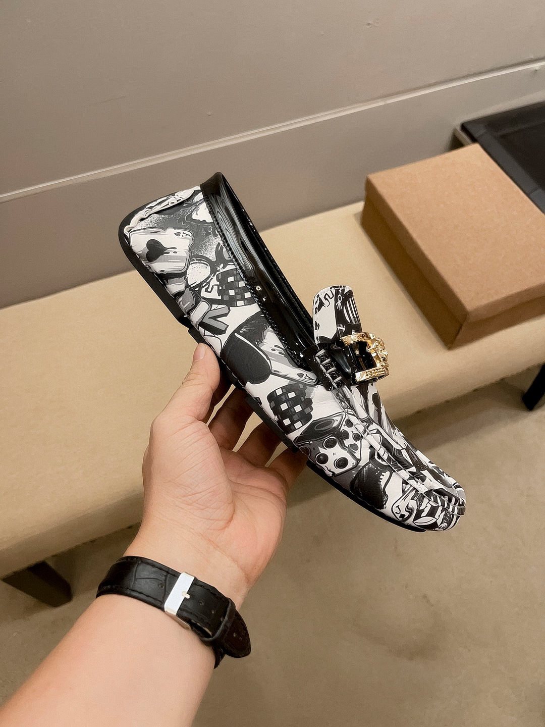Black & White Graphic Gold-Tone Loafers — side
