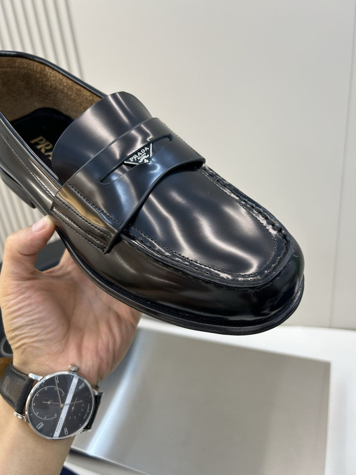 Prada Black Glossy Moc-Toe Loafers — detail