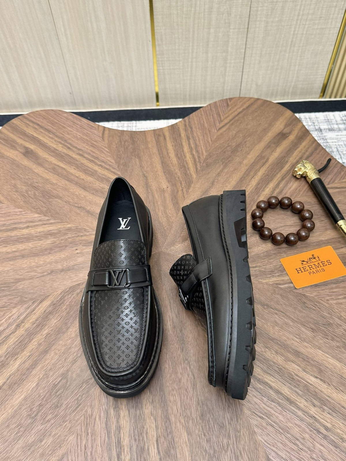 Louis Vuitton Black Textured Loafers — side