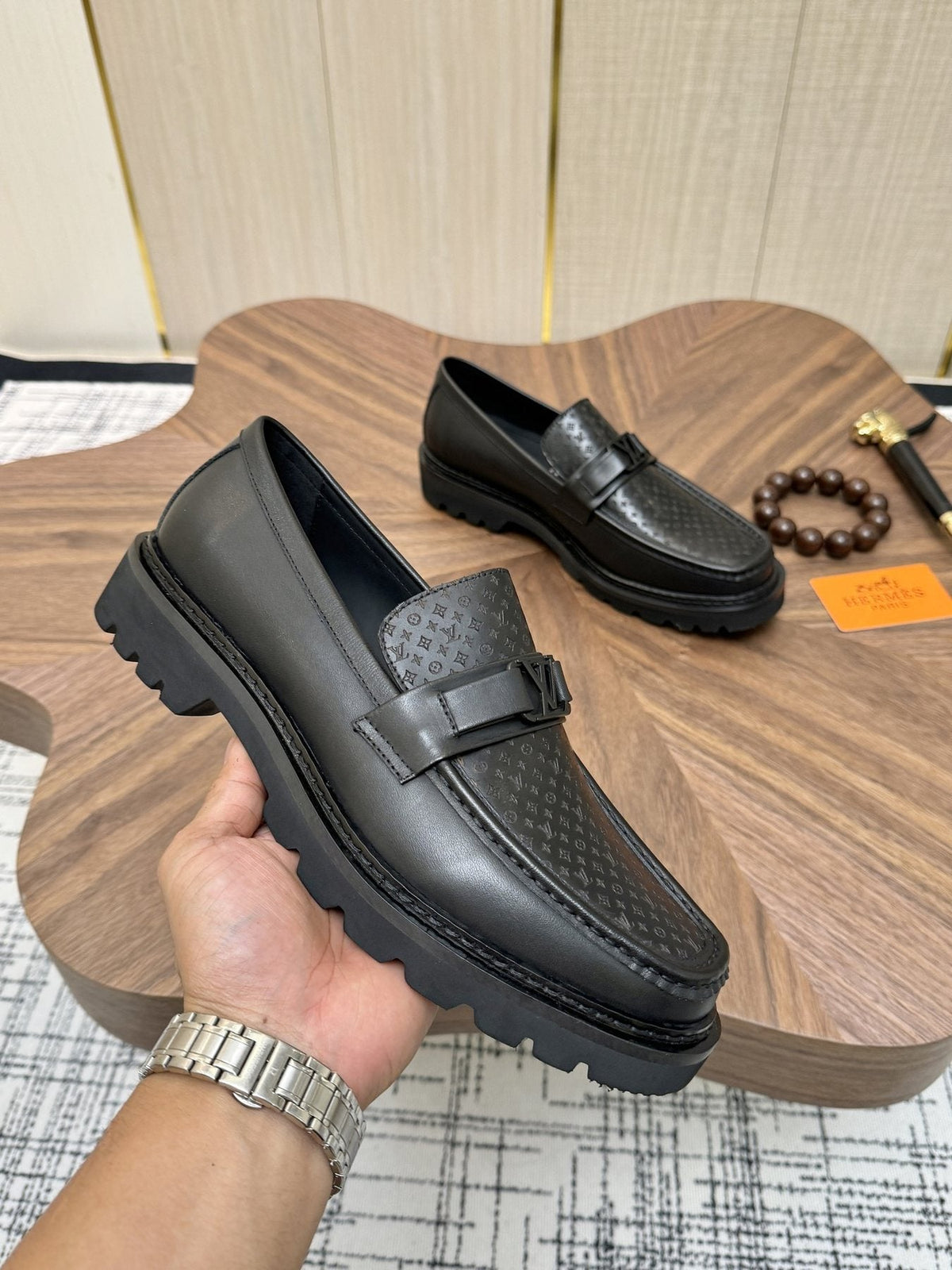 Louis Vuitton Black Textured Loafers — model