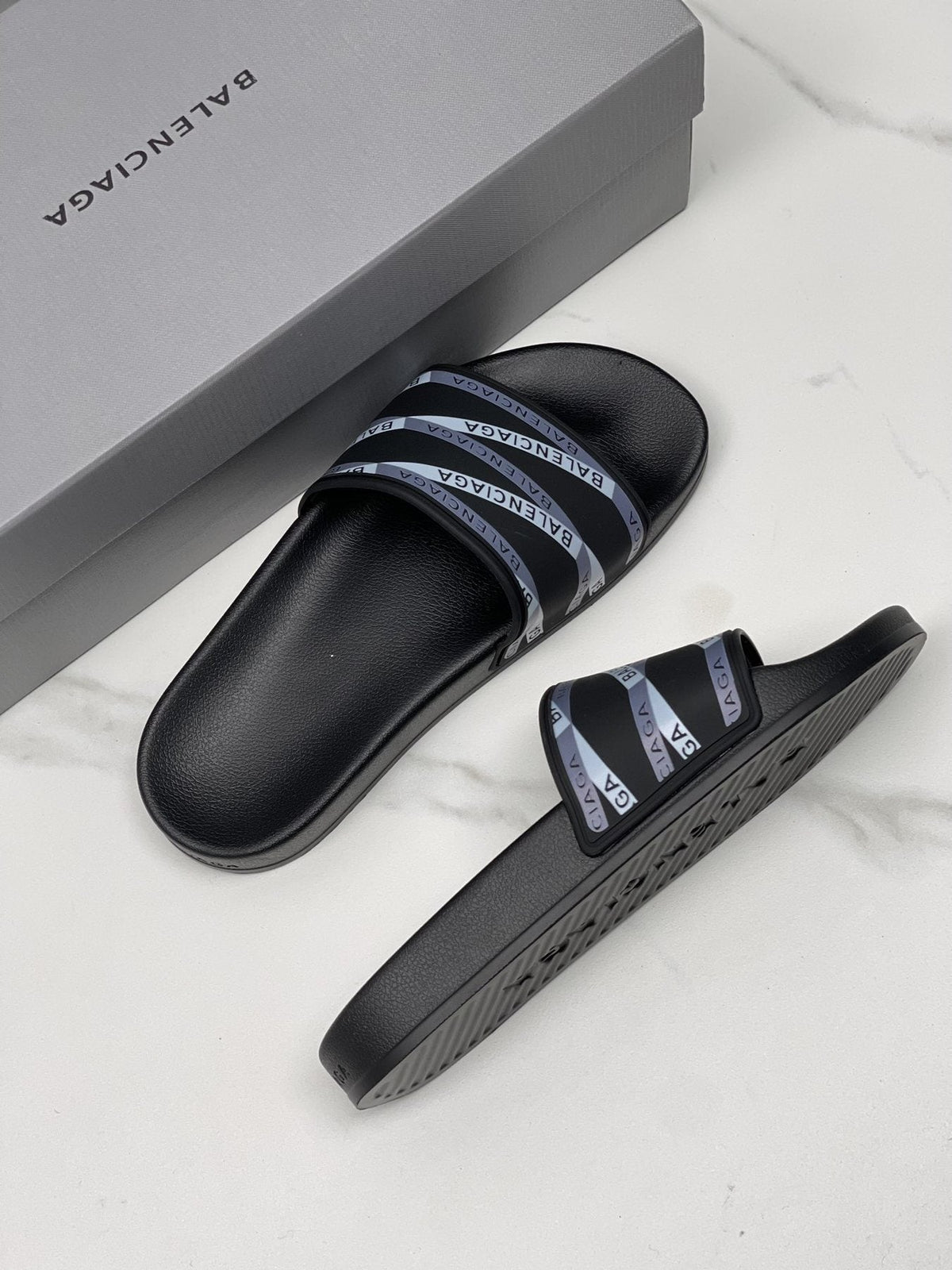 Balenciaga Logo Strap Slide Sandals — side