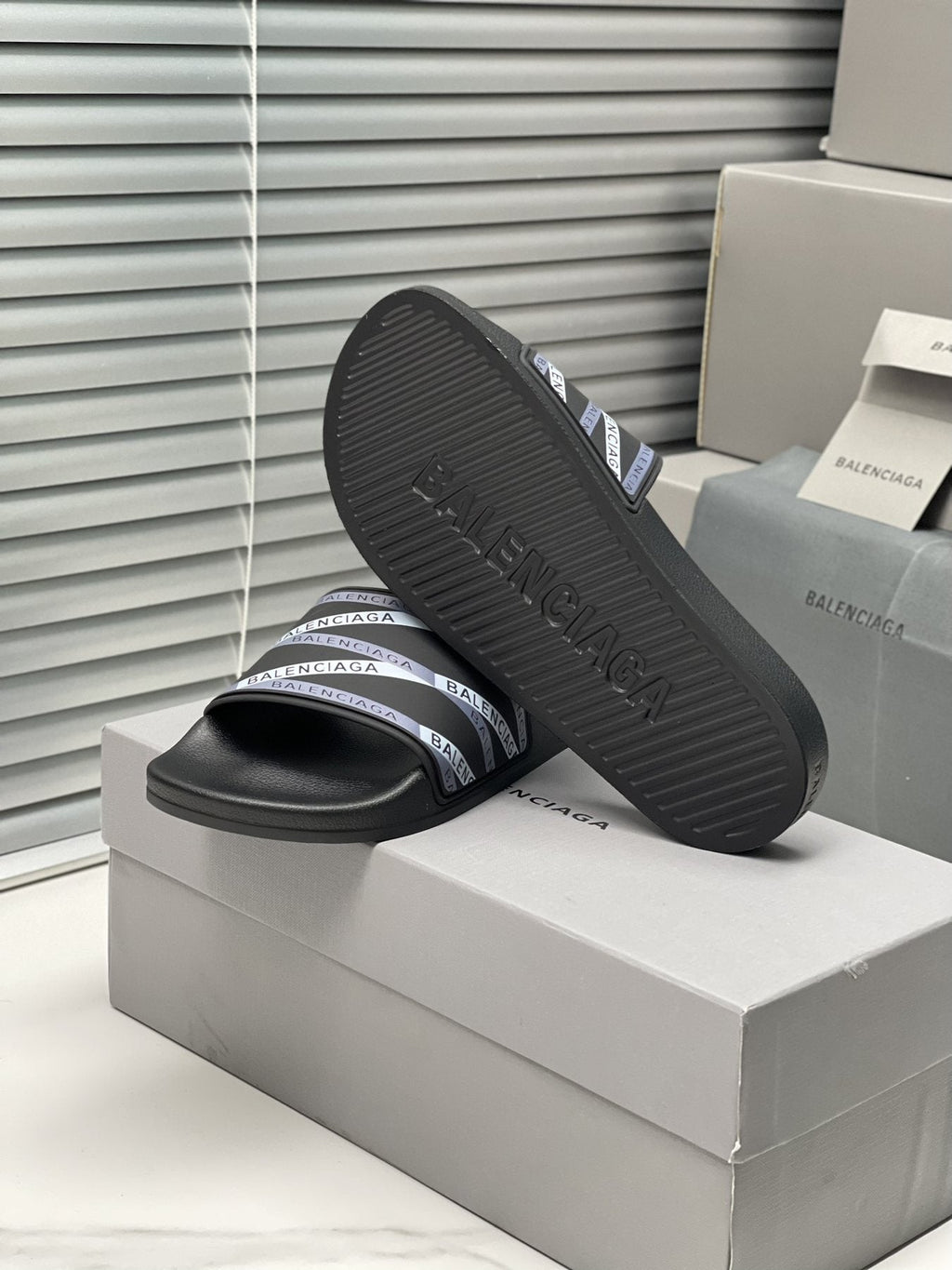 Balenciaga Logo Strap Slide Sandals — back