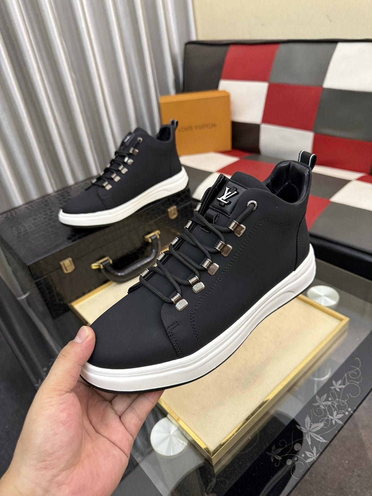 Louis Vuitton Lace-Up High-Top Sneakers — model