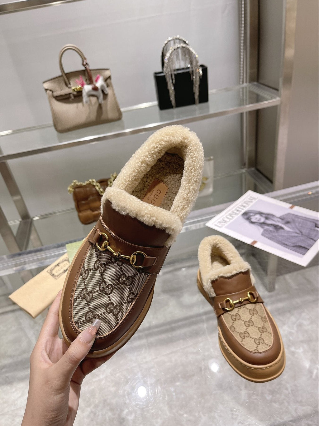 Gucci Patterned Plush-Trim Slip-On Snow Boots — model