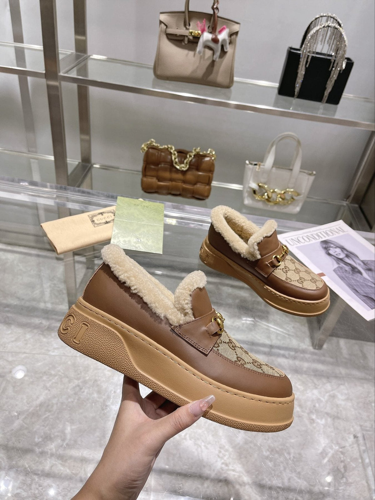 Gucci Patterned Plush-Trim Slip-On Snow Boots — front