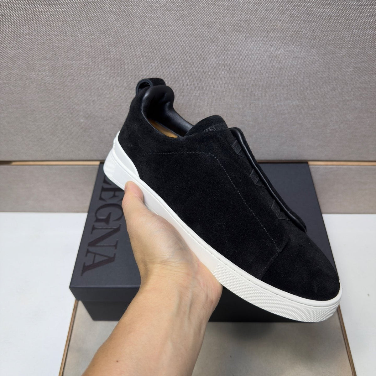 Zegna Black Textured Slip-On Sneakers — model