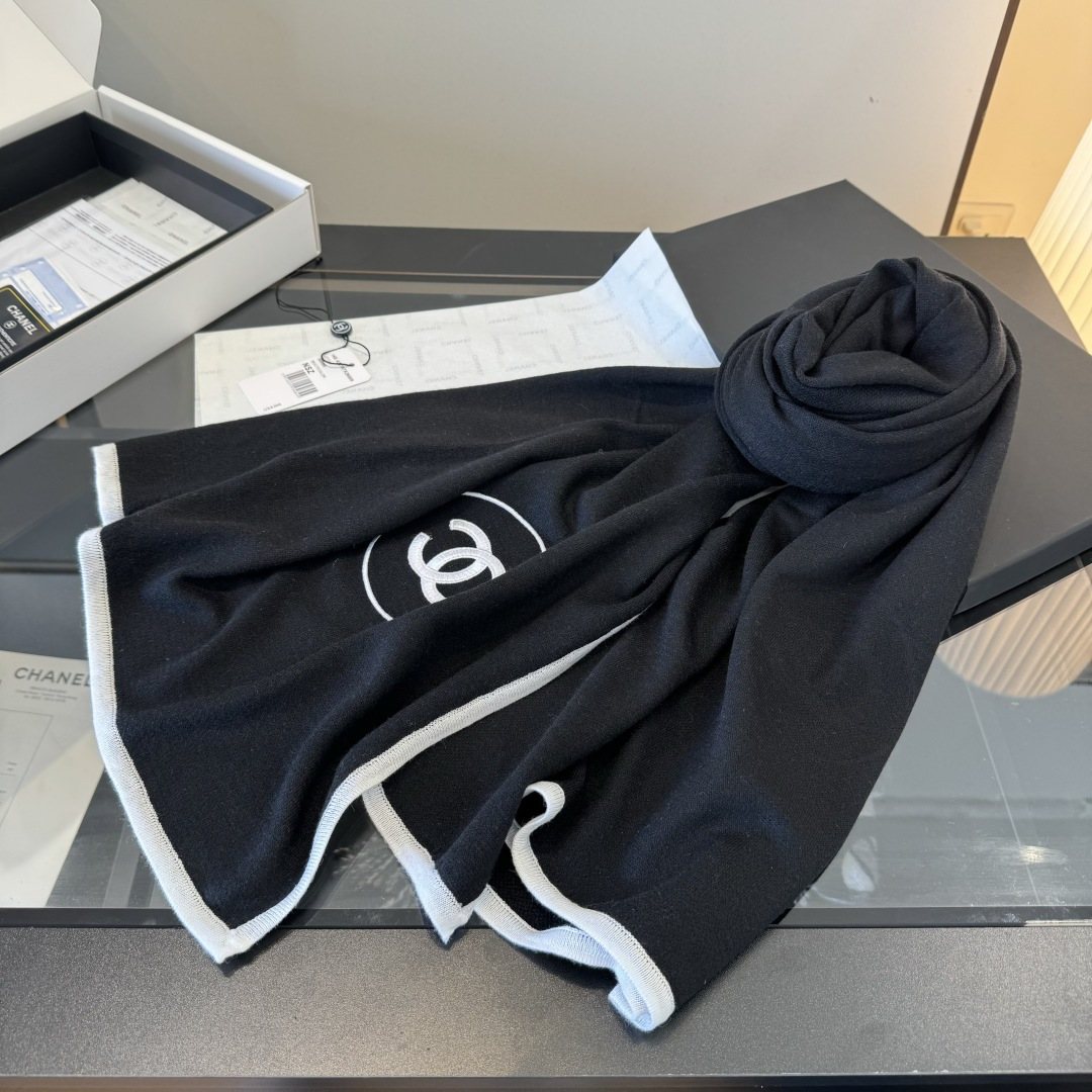 Chanel Black Logo Trim Scarf — front