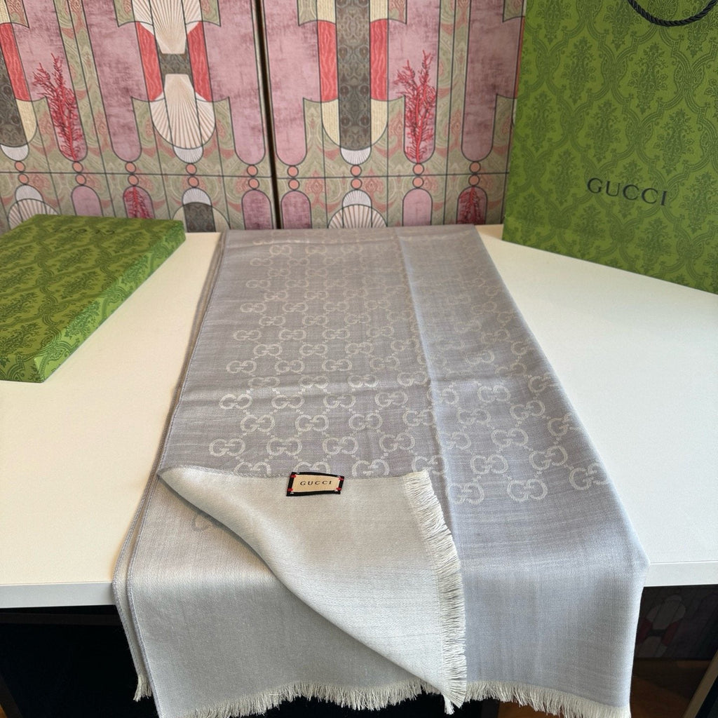 Gucci Fringed Monogram Scarf — model