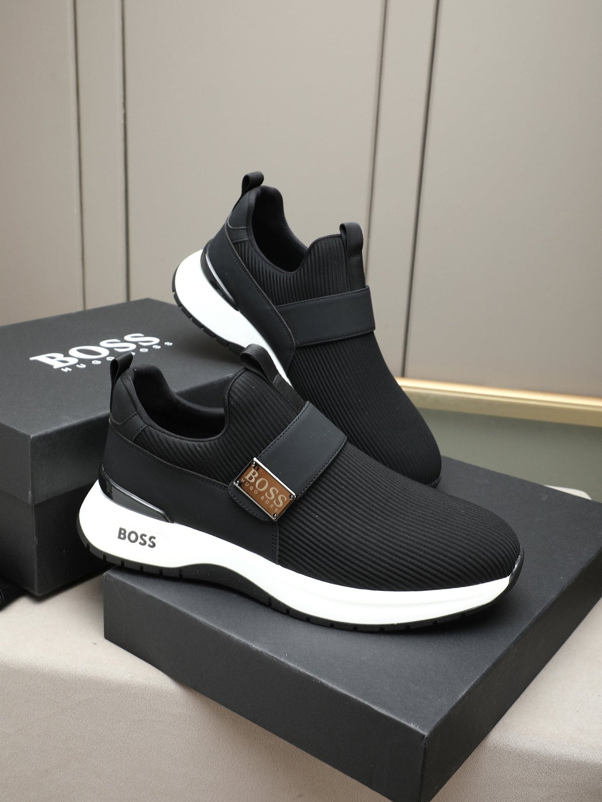 Hugo Boss Ribbed Knit Strap Slip-On Shoes — front