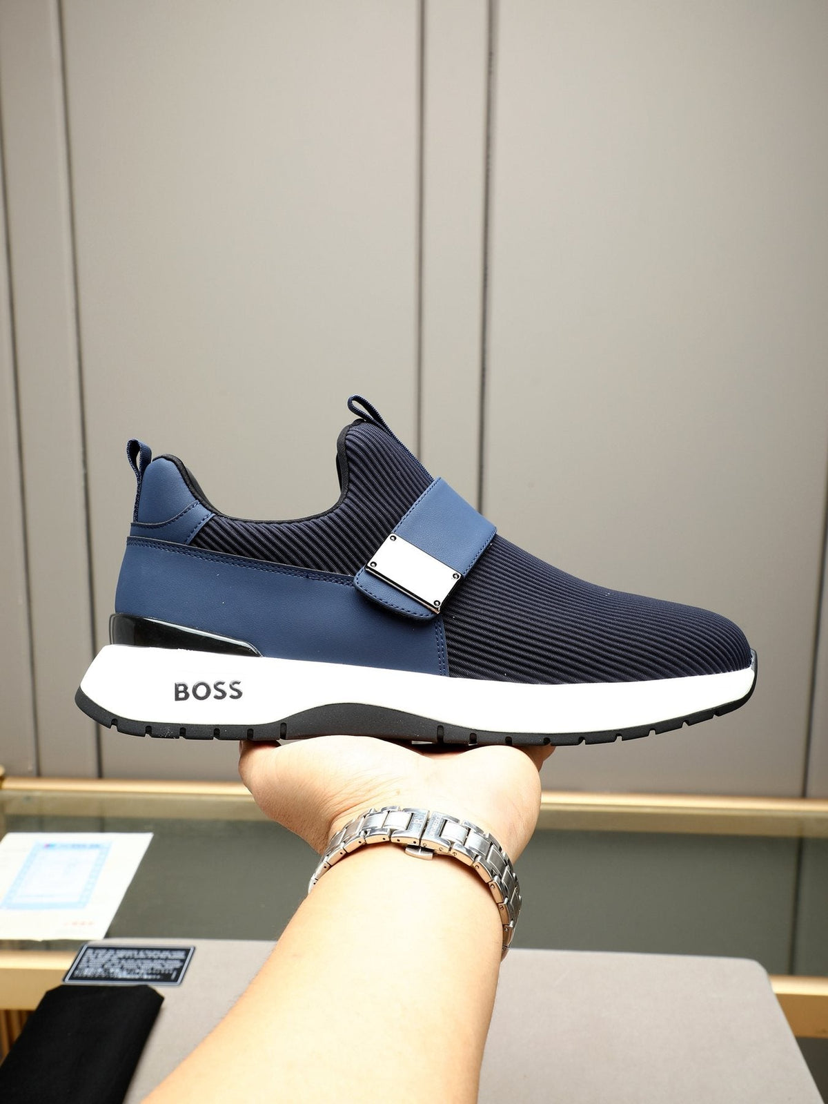 Hugo Boss Ribbed Knit Strap Slip-On Shoes — model
