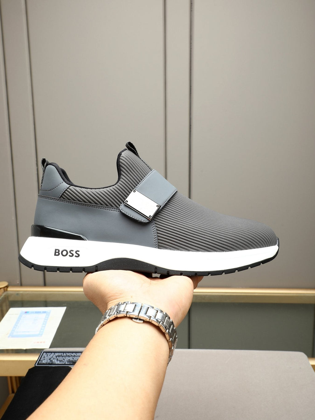 Hugo Boss Ribbed Knit Strap Slip-On Shoes — model
