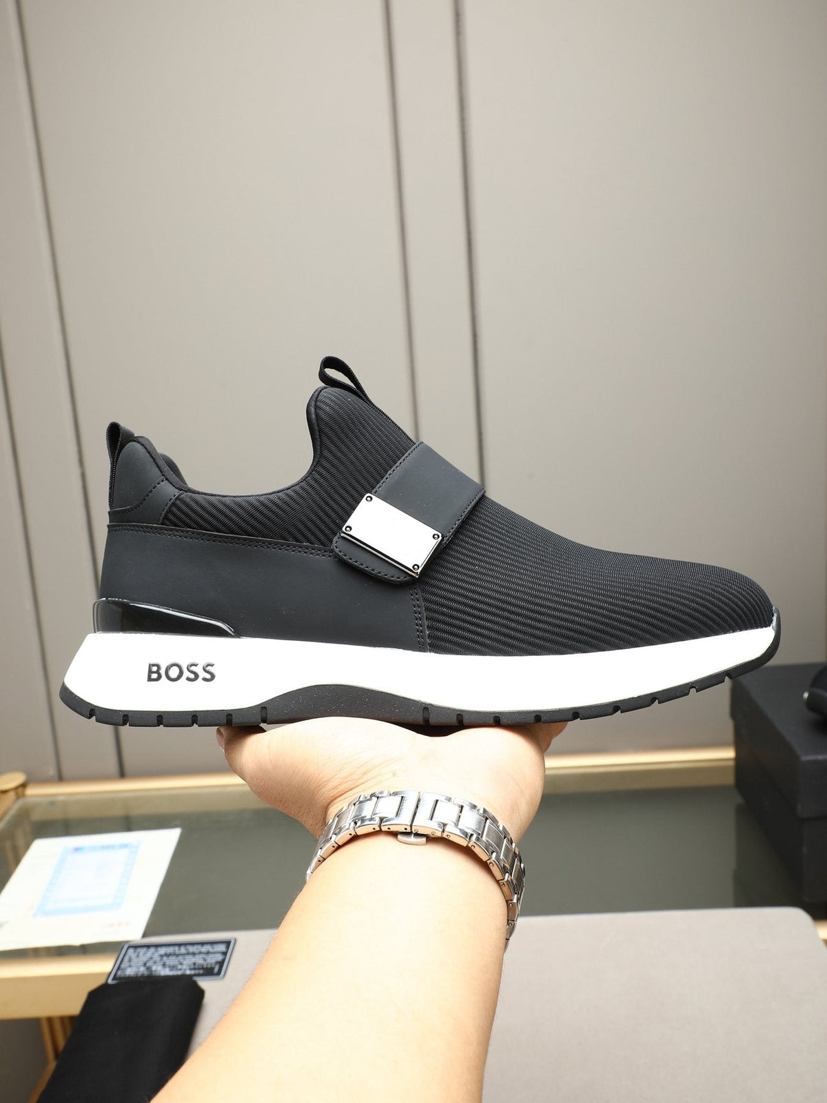 Hugo Boss Ribbed Knit Strap Slip-On Shoes — model