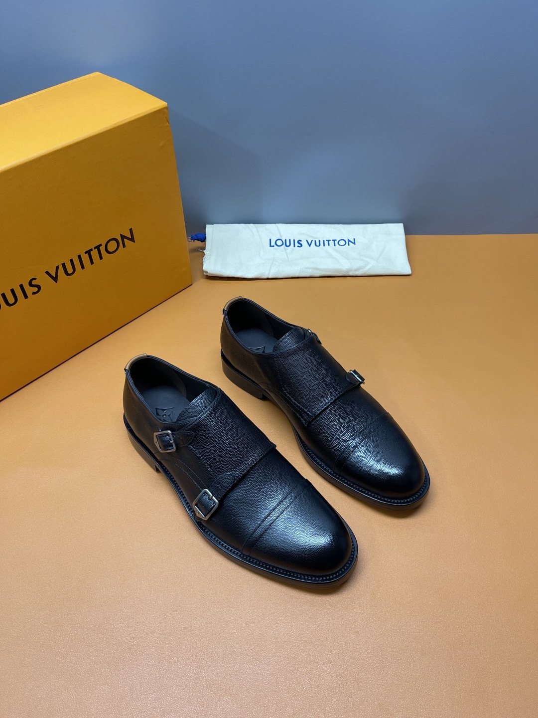 Louis Vuitton Black Cap-Toe Double-Monk Strap Shoes — front