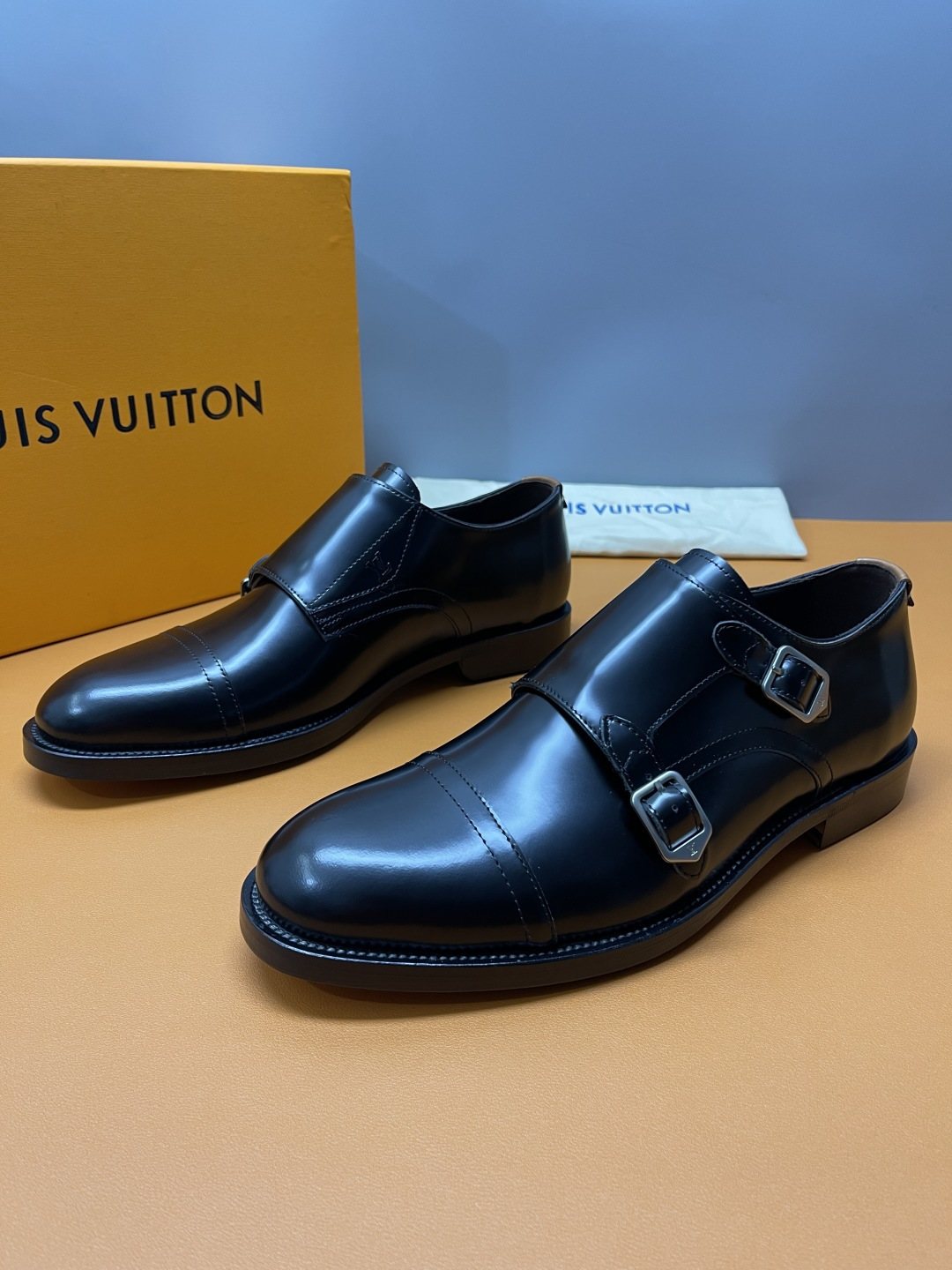 Louis Vuitton Black Cap-Toe Double-Monk Strap Shoes — side