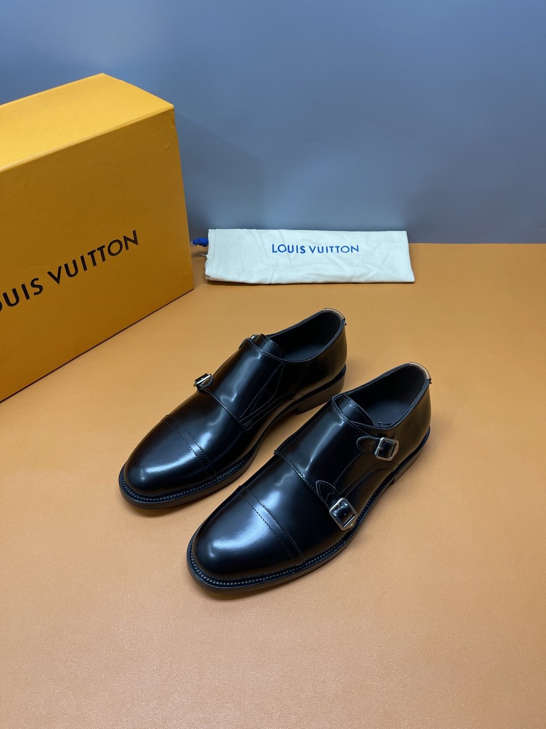Louis Vuitton Black Cap-Toe Double-Monk Strap Shoes — front