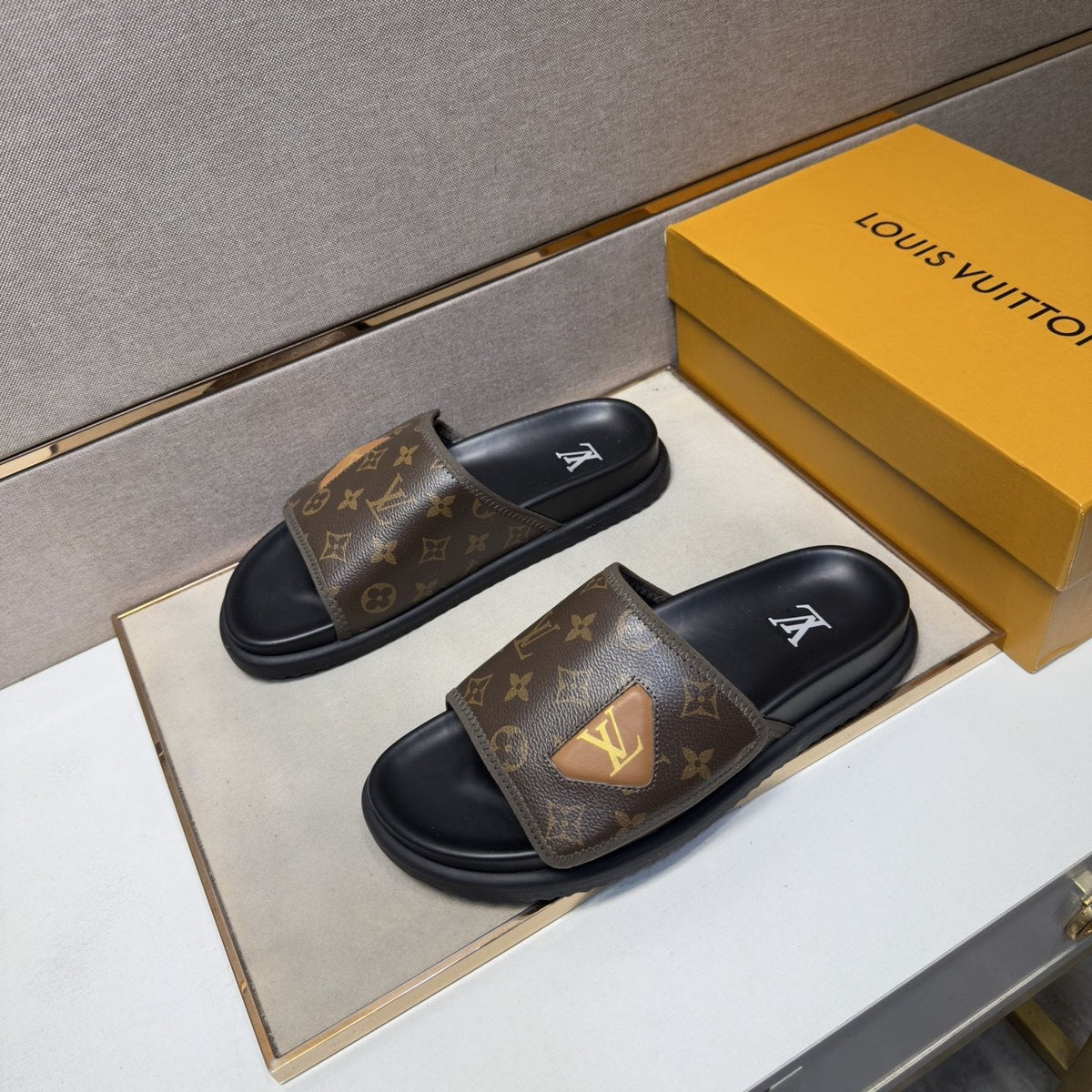 Louis Vuitton Monogram Emblem Slide Sandals — front