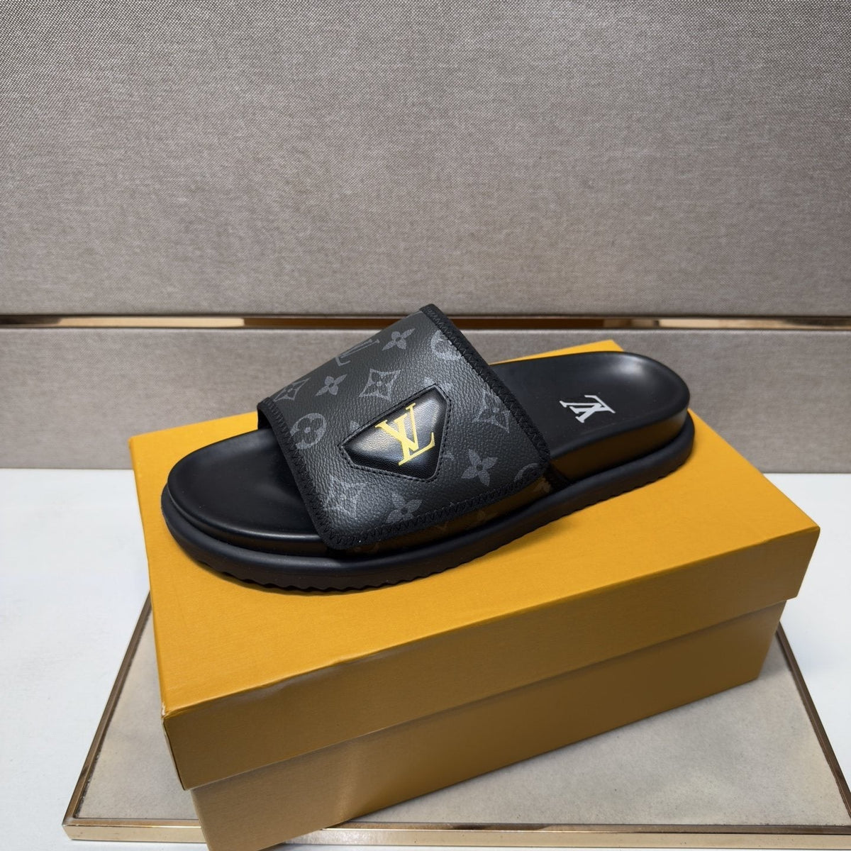 Louis Vuitton Monogram Emblem Slide Sandals — front