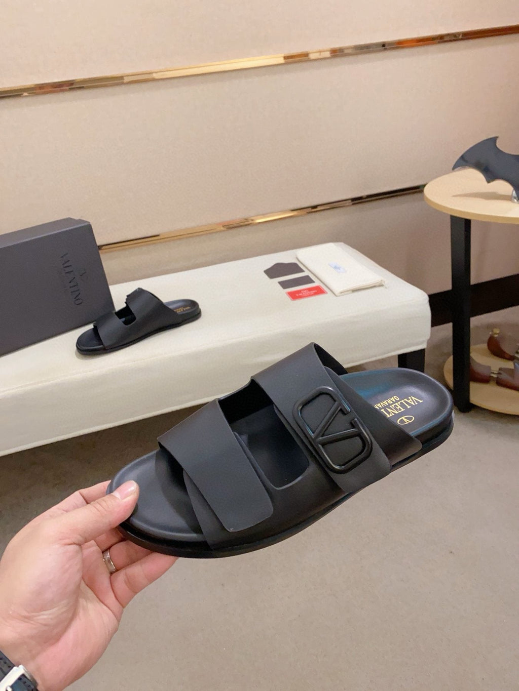 Valentino Two-Strap Buckle Slide Sandals — model