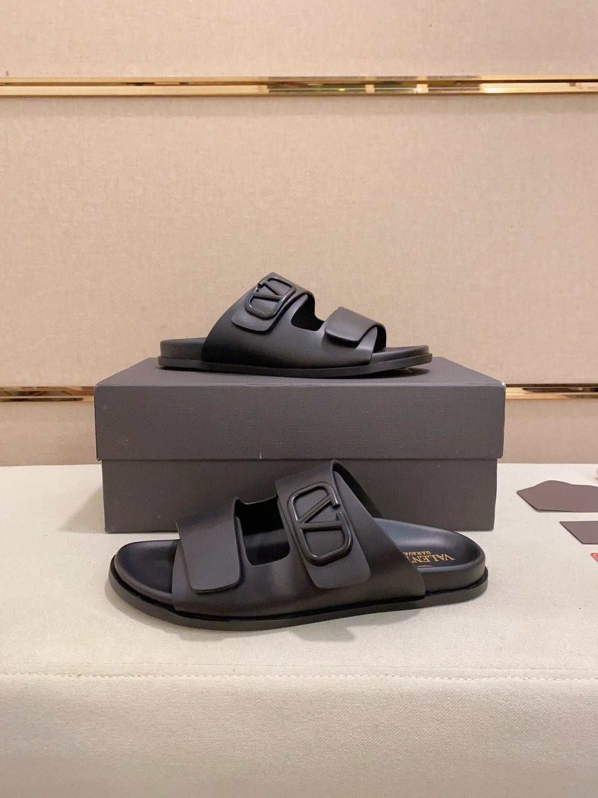 Valentino Two-Strap Buckle Slide Sandals — side