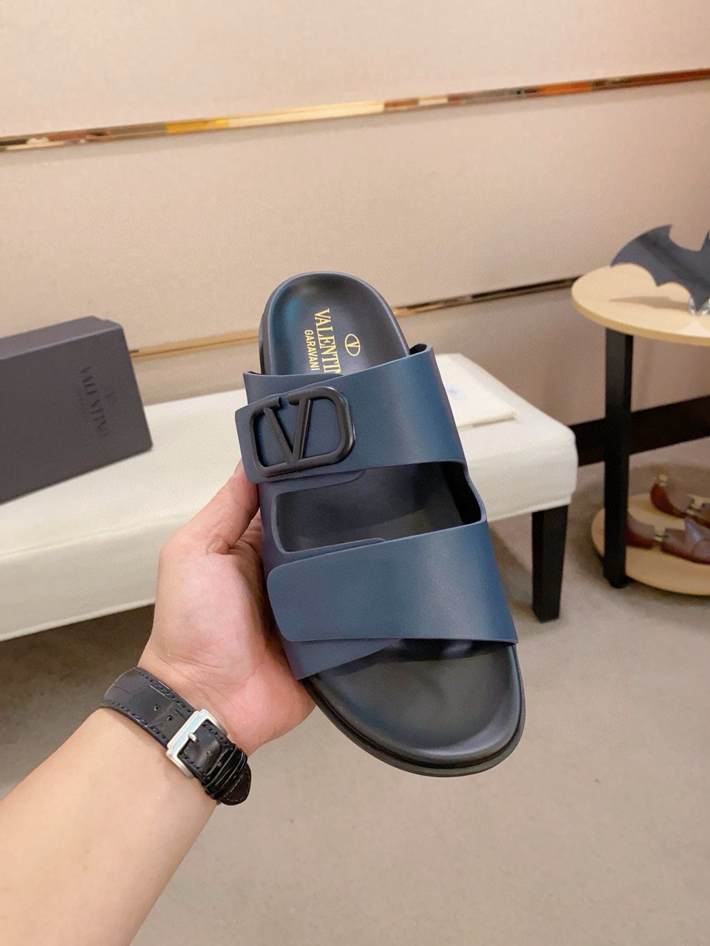 Valentino Two-Strap Buckle Slide Sandals — model