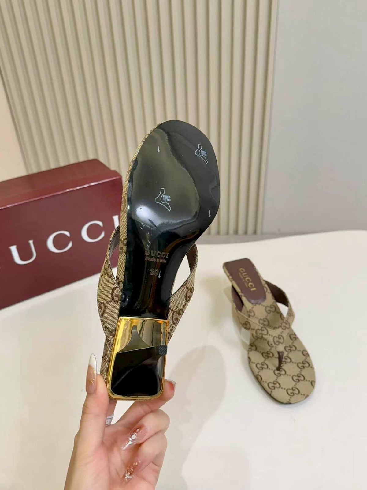 Gucci Monogram Thong Heel Sandals — back