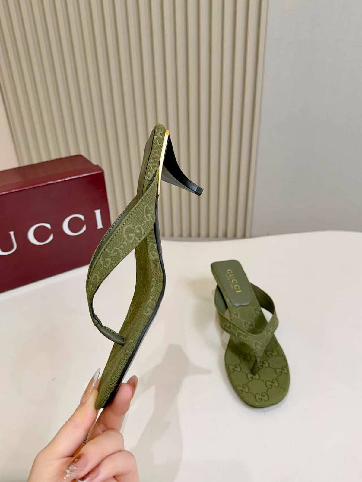 Gucci Monogram Thong Heel Sandals — side