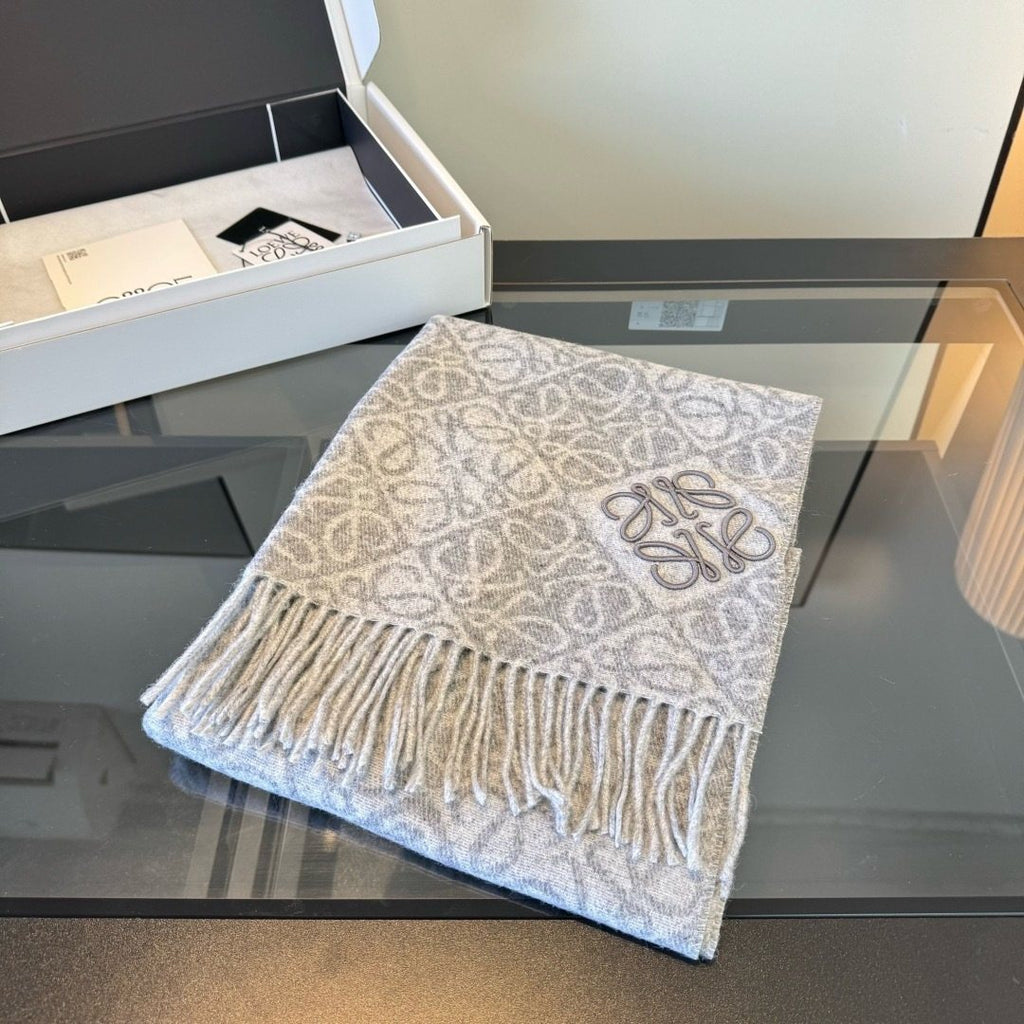 Loewe Charcoal Gray & Ivory Fringed Scarf — front