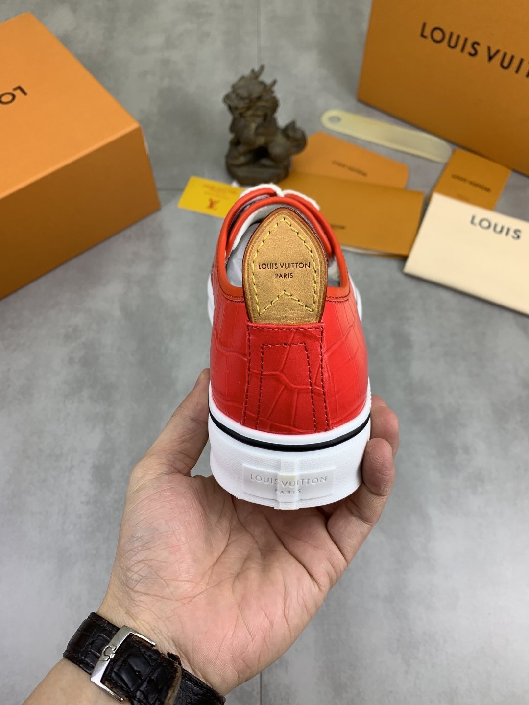 Louis Vuitton Red Embossed Low-Top Sneakers — back