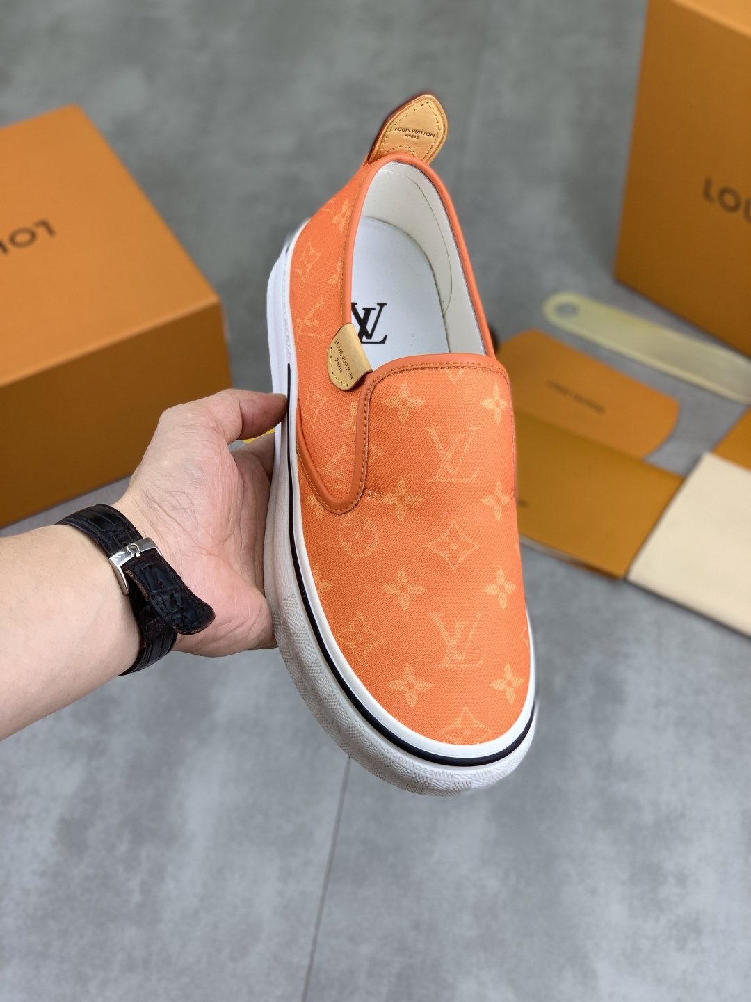 Louis Vuitton Orange Patterned Slip-On Shoes — front