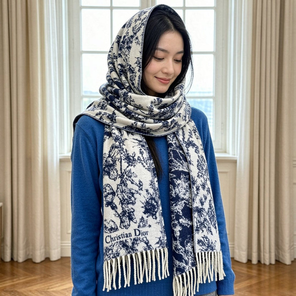 Dior Botanical Toile Fringed Scarf — model