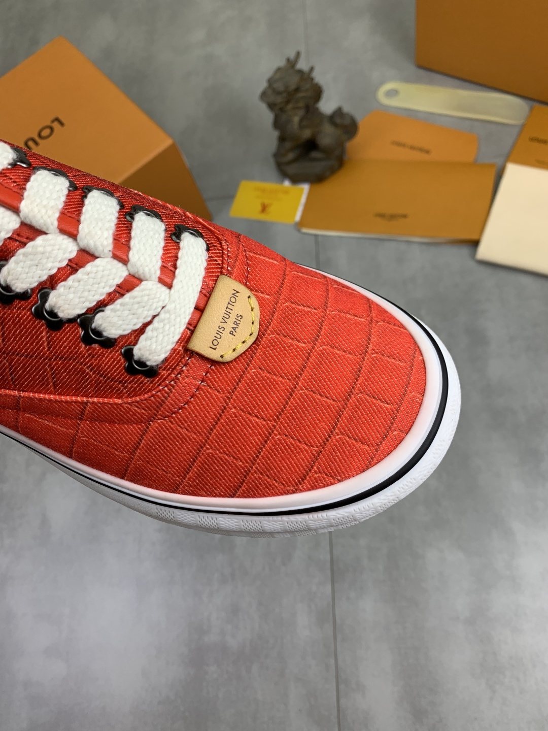 Louis Vuitton Coral Red Textured Low-Top Sneakers — detail