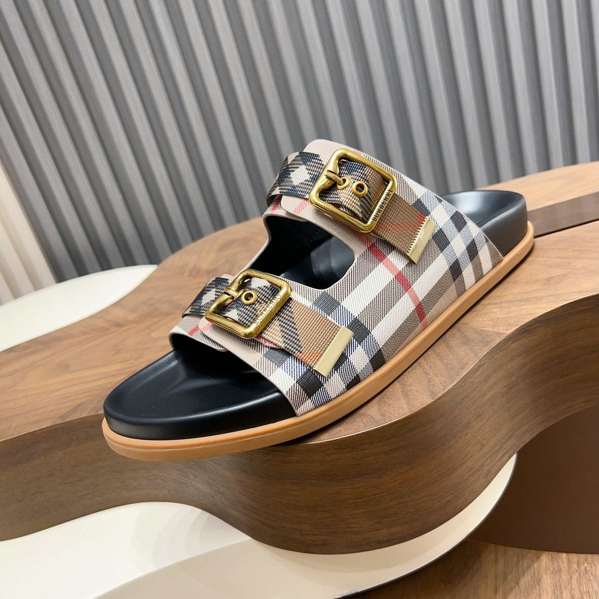 Burberry Plaid Two-Buckle Slide Sandals — side