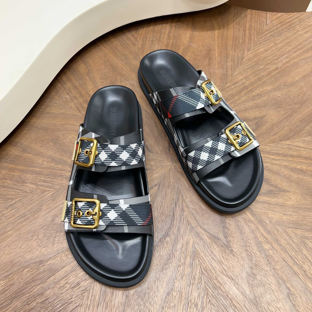 Burberry Plaid Two-Buckle Slide Sandals — front