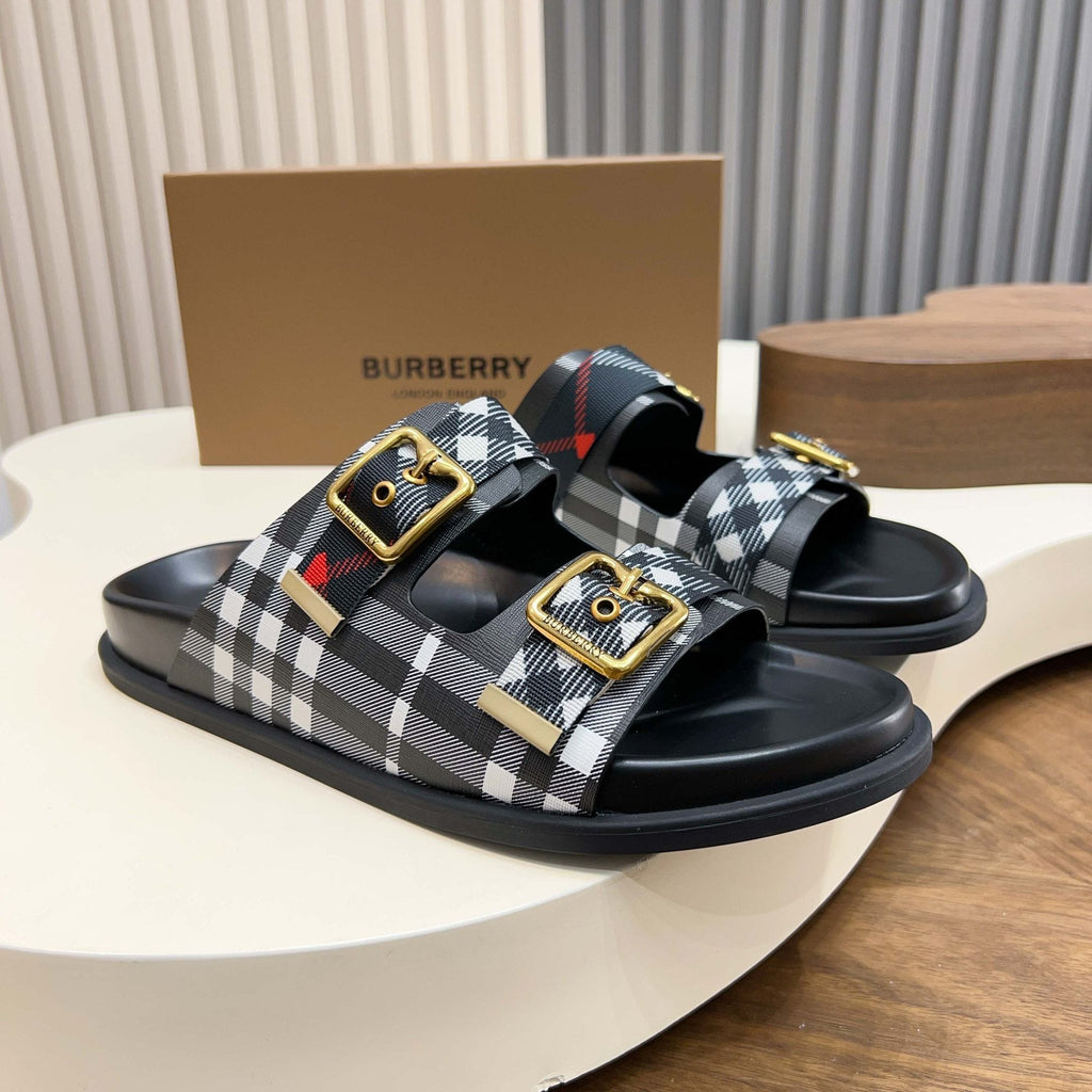 Burberry Plaid Two-Buckle Slide Sandals — hero