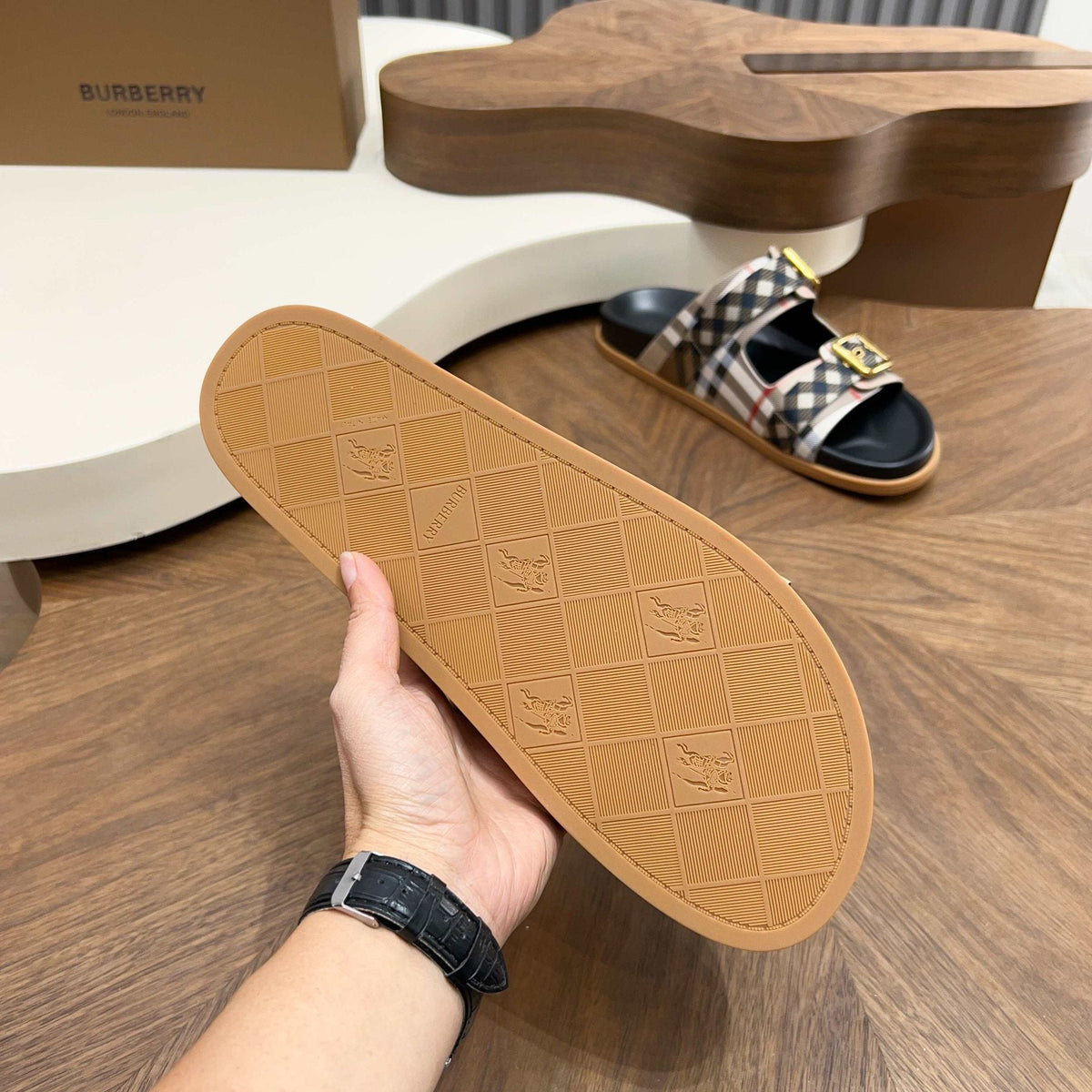 Burberry Plaid Two-Buckle Slide Sandals — front
