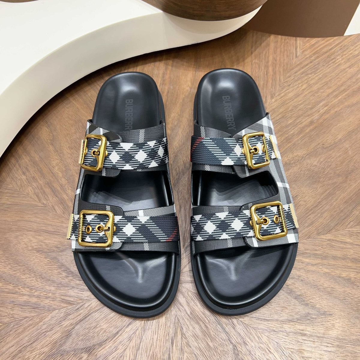 Burberry Plaid Two-Buckle Slide Sandals — front