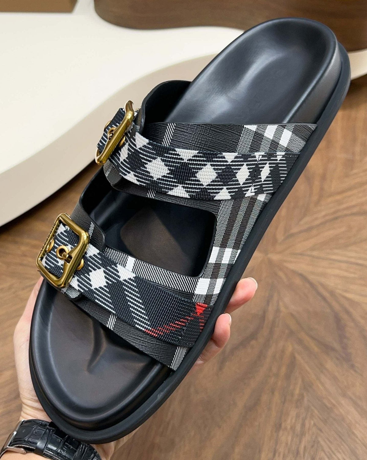 Burberry Plaid Two-Buckle Slide Sandals — front