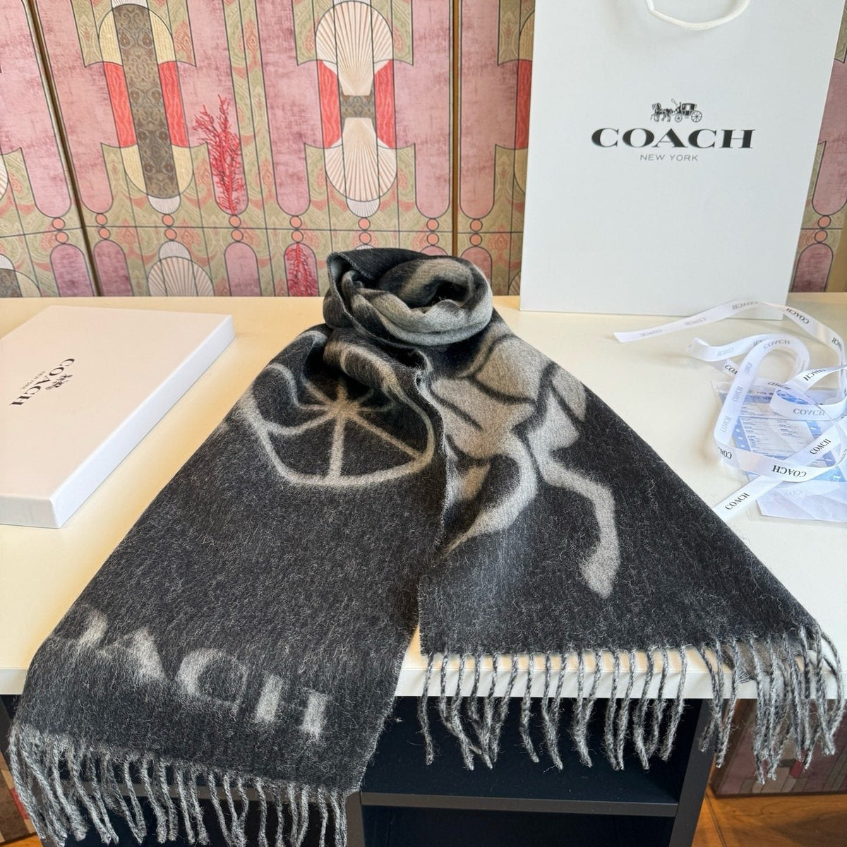 Coach Logo Fringed Wool Scarf — side