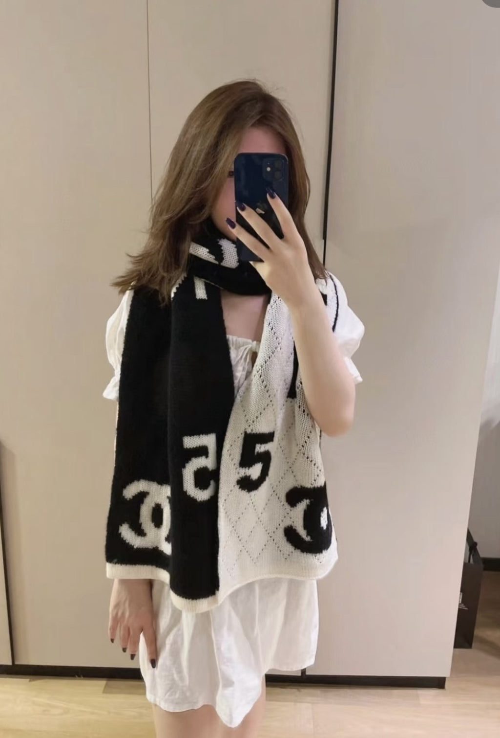 Chanel Knit Scarf with Ivory Motifs — model