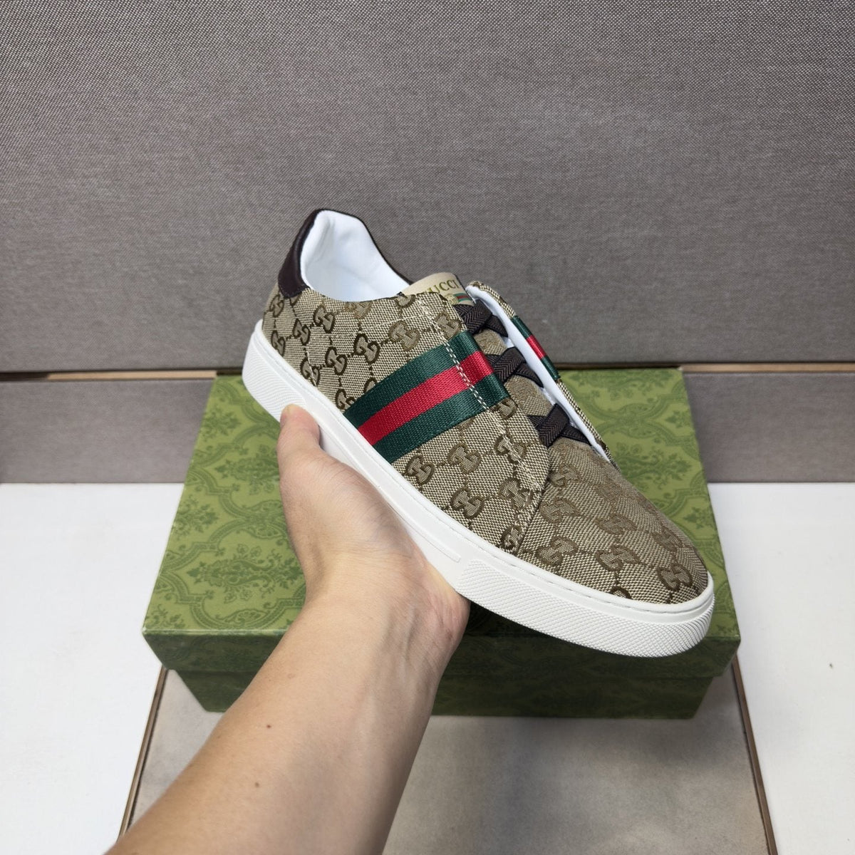 Gucci Men’s Monogram Web Slip-On Shoes — model