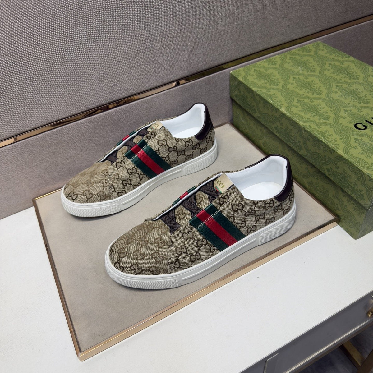 Gucci Men’s Monogram Web Slip-On Shoes — front