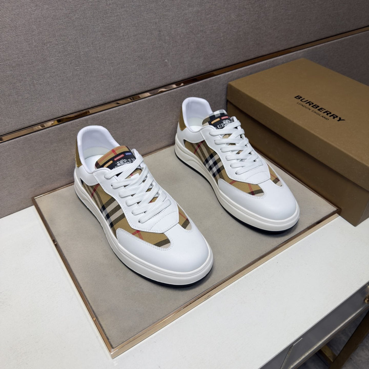 Burberry Plaid-Panel Low-Top Sneakers — hero