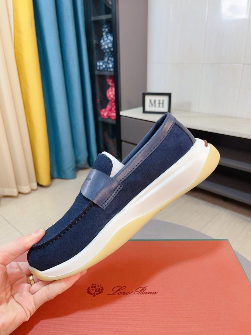 Loro Piana Navy Blue Contrast-Strap Loafers — side