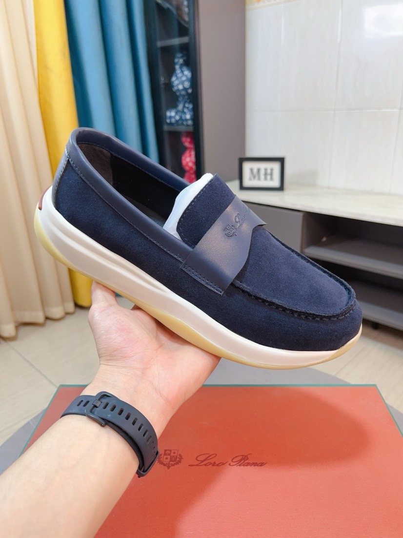 Loro Piana Navy Blue Contrast-Strap Loafers — side