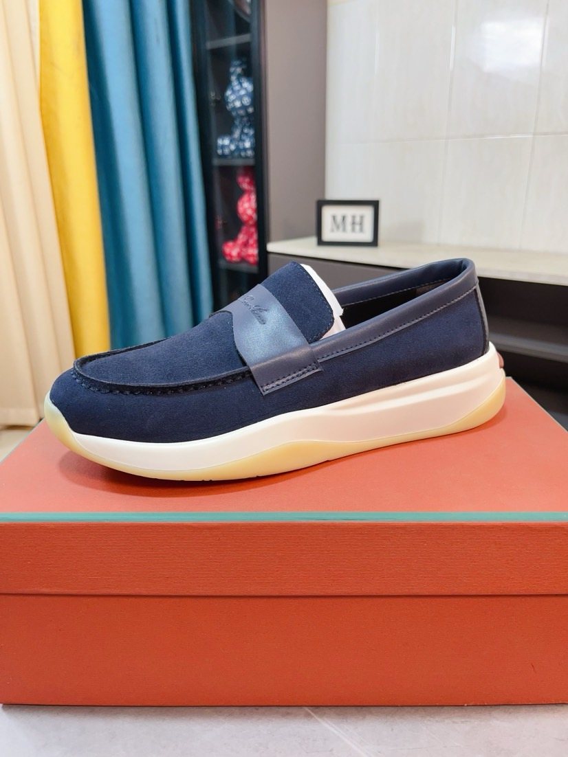 Loro Piana Navy Blue Contrast-Strap Loafers — front