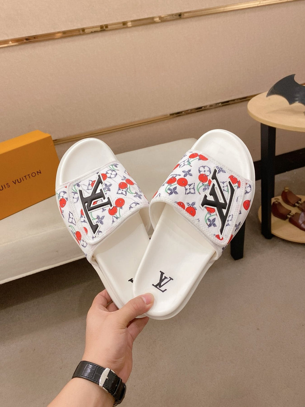Louis Vuitton Graphic Print Slide Sandals — model